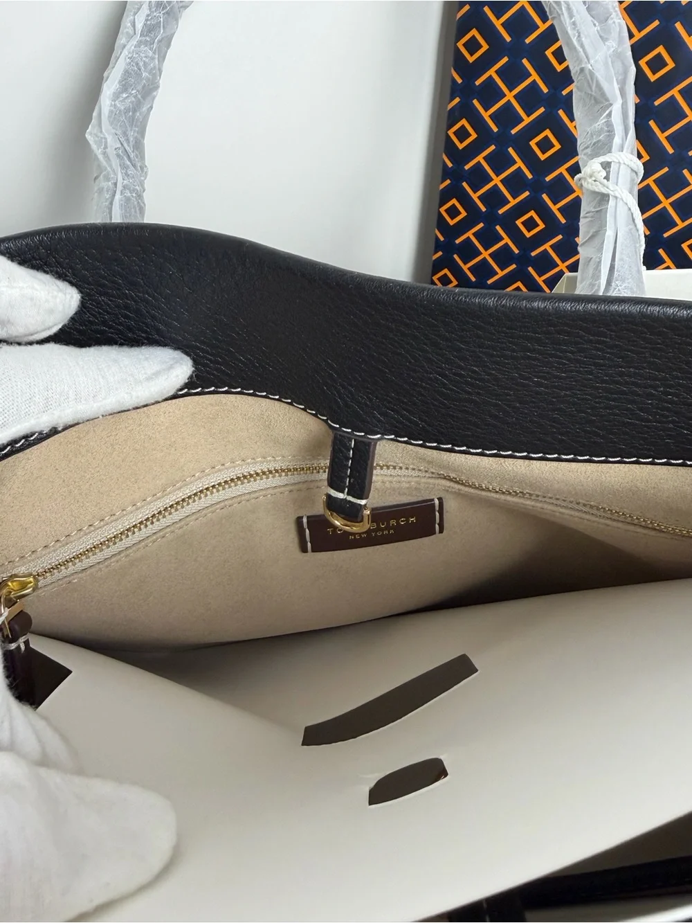 Tory Burch Black Leather Tote with Brown Trim